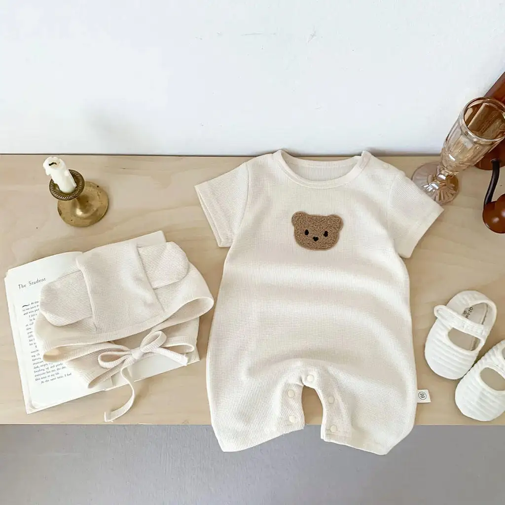 Conyson New Summer Baby Soft Romper Jumpsuit Casual Style Short Sleeve Waffle Patch Bear Infant Gift Hat Newborn Clothes Sets