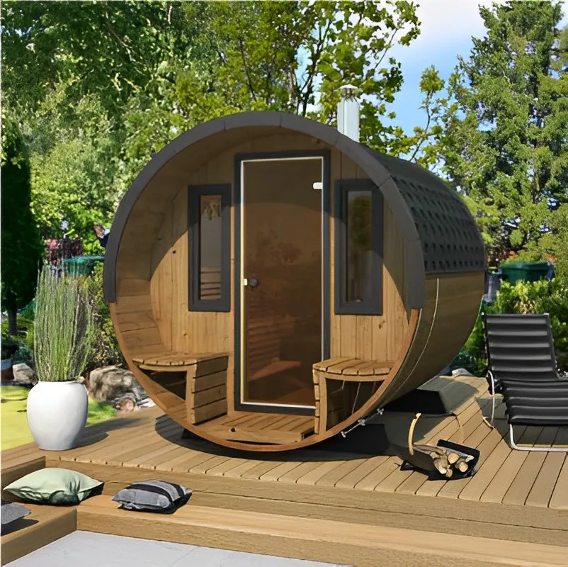 Efficient Wooden Steam Barrel Outdoor Sauna Rooms With Wood Combustion Furnace