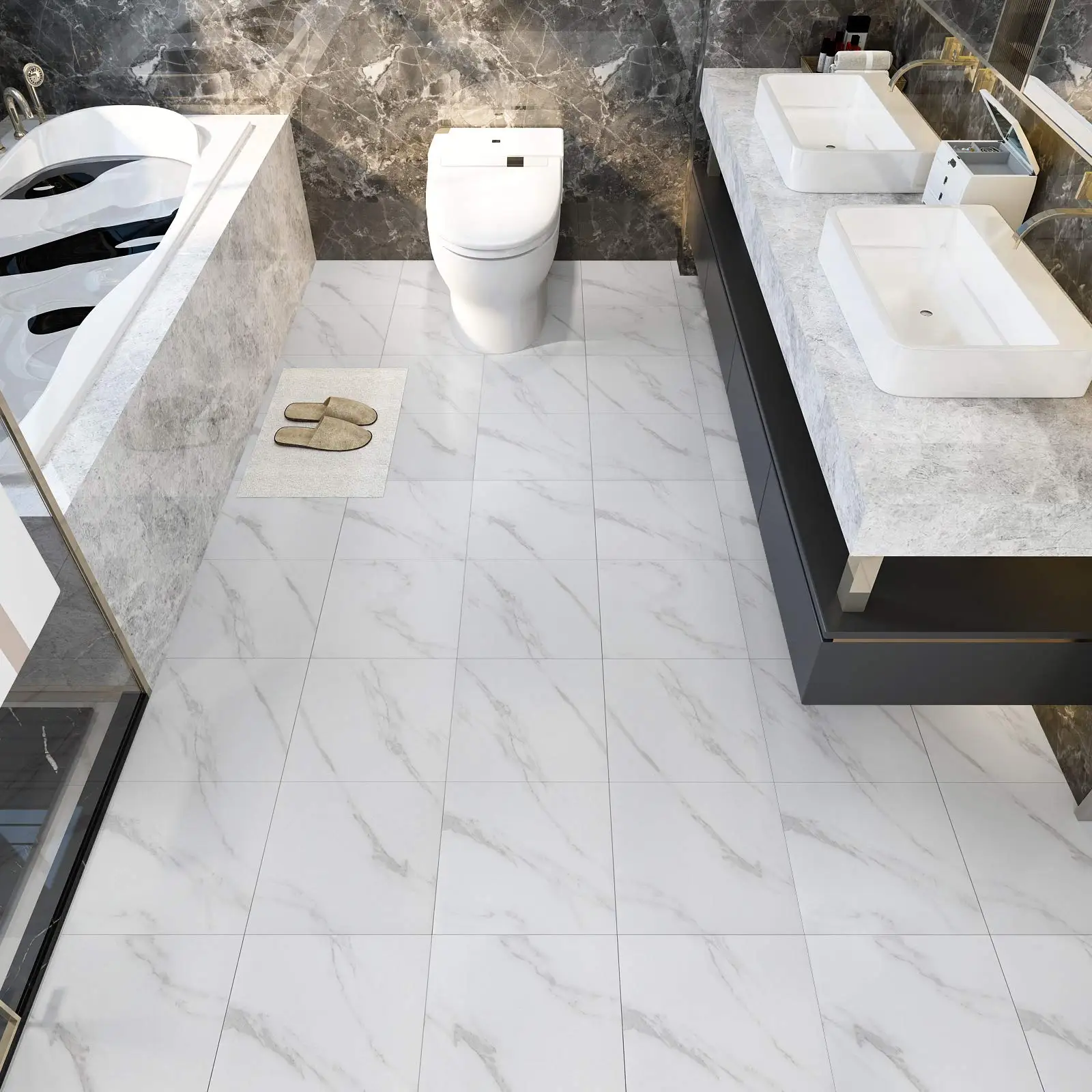 White Marble Peel and Stick Floor Tile Bathroom  Waterproof Vinyl Tiles Floor Removable Laminate Floors Sheets for Kitchen