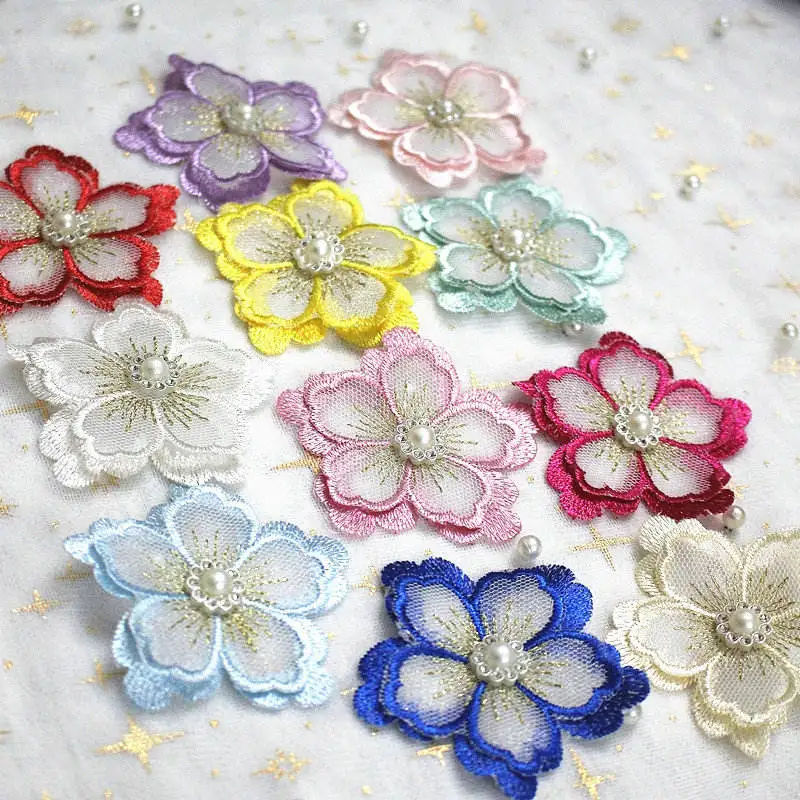 Factory supply 3D decorative flowers Multicolor pearl  lace appliques embroidered Voile fabric for woman clothes kids dress bag