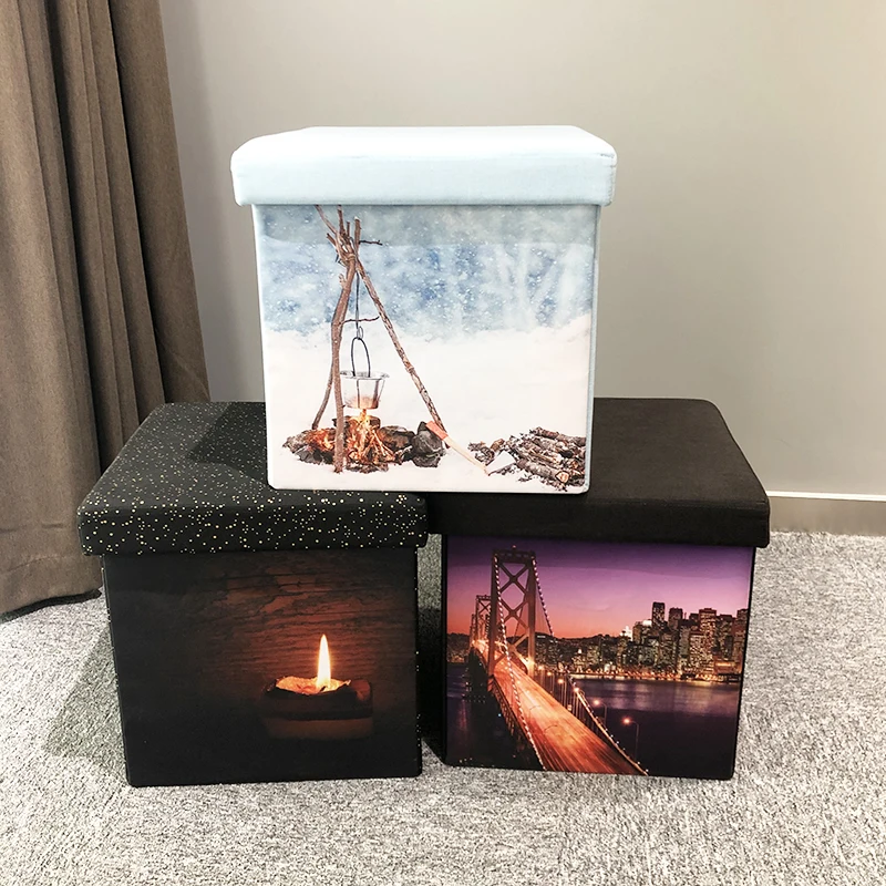 RTS Factory Wholesale Modern Home Furniture Printed  Pouf Foldable Storage Ottoman with LED