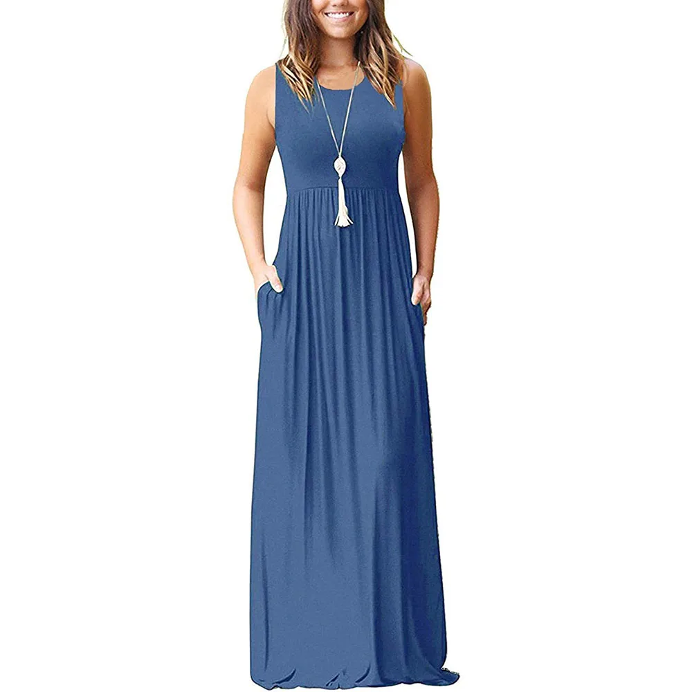China Manufacturer Solid color Round neck Leisure vest pocket dress Long skirt sleeveless dress