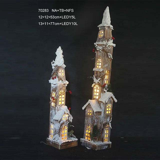 indoor mini wooden lighted church house village with led lights for Christmas decoration