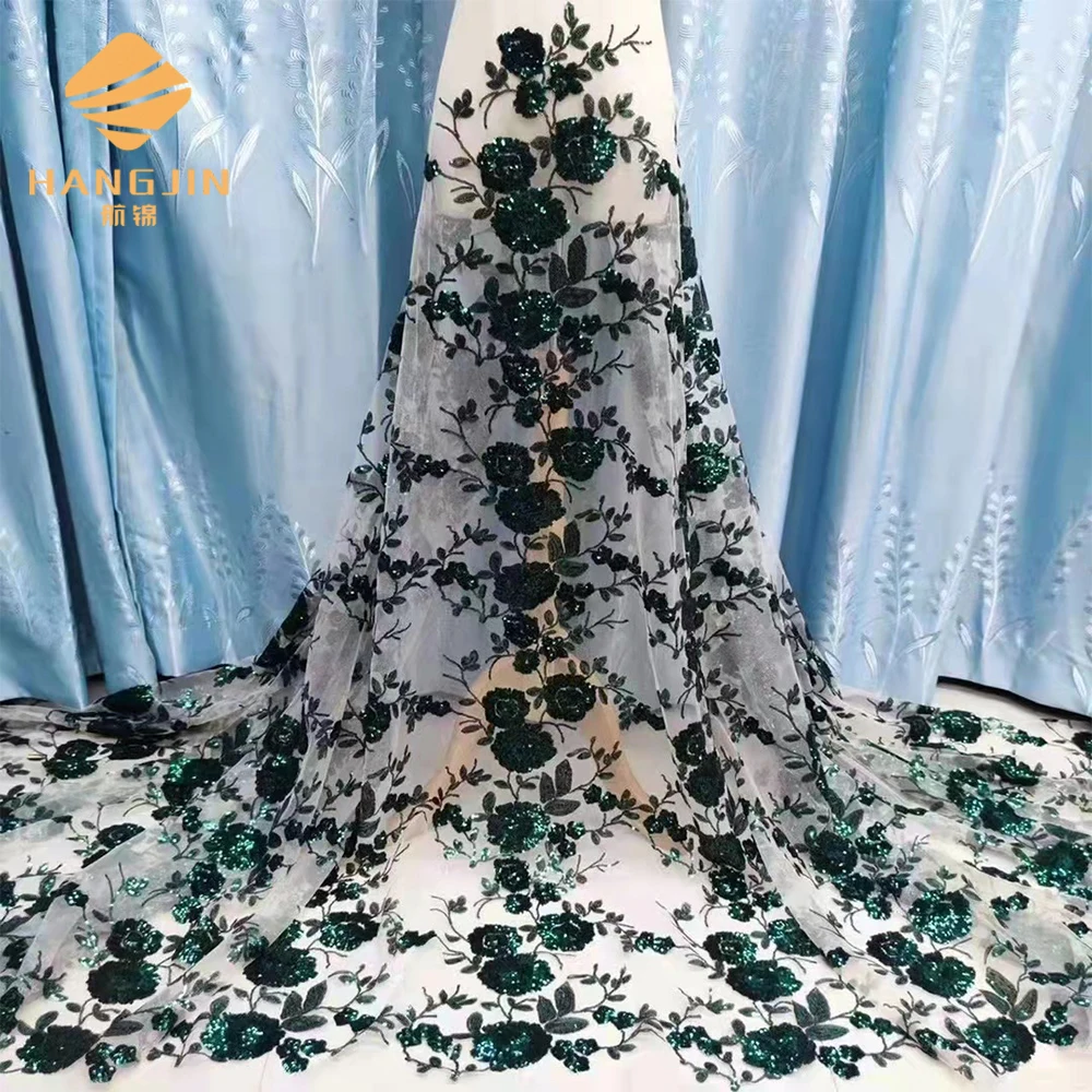 Wholesale sequin lace fabric Floral embroidered tulle fabric beaded wedding African lace sequin tulle fabric