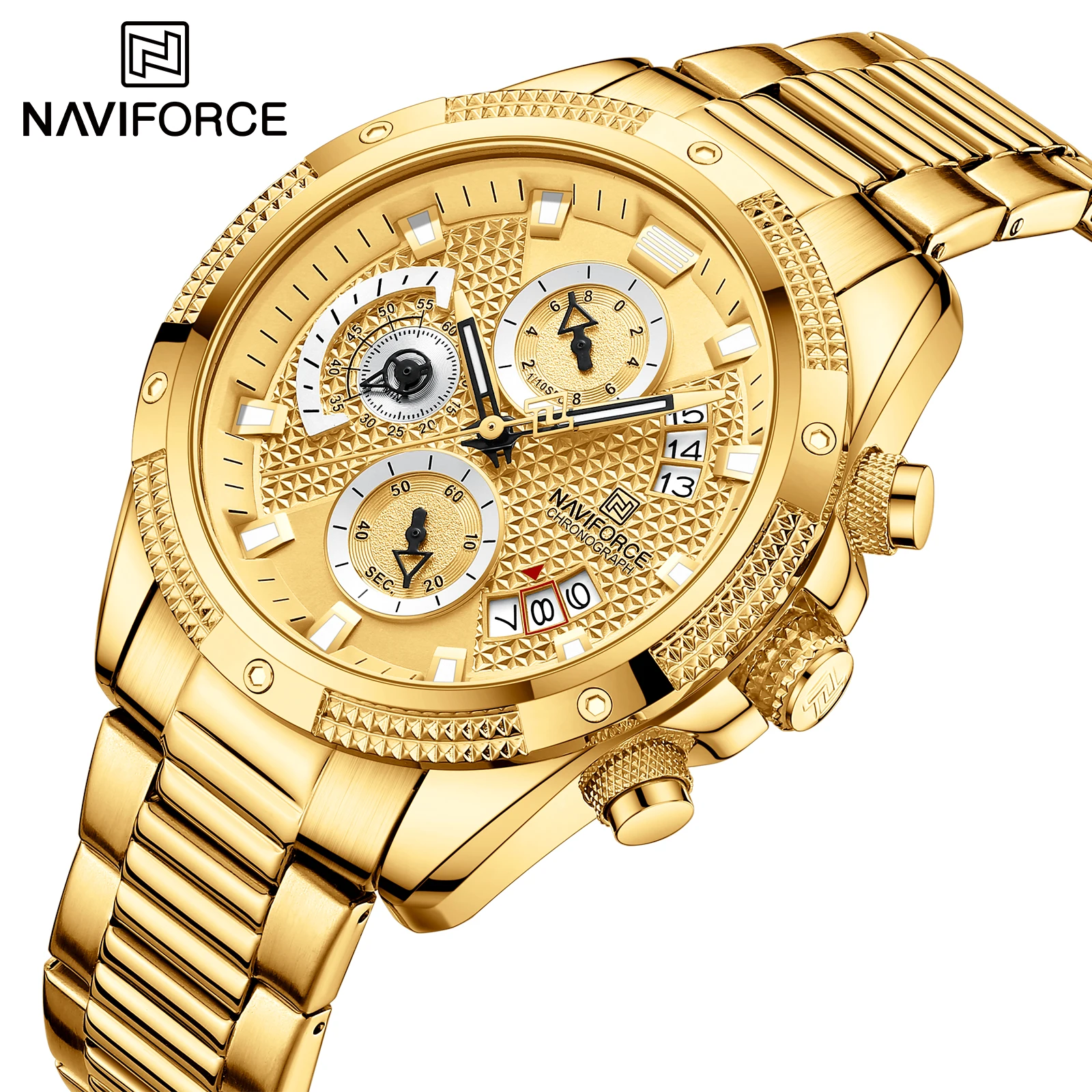 NAVIFORCE Men Watch Sport Man Wristwatch Top Brand Luxury  Chronograph Green Gold Stainless Steel Quartz Male Clock 8021