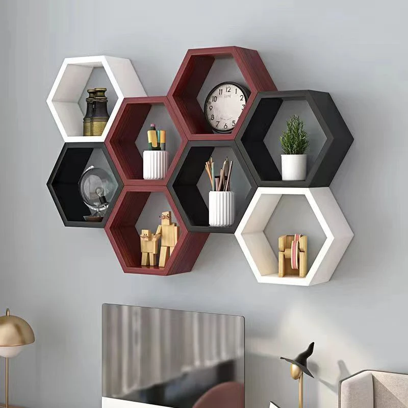 White Honeycomb Shelves wood storage shelf display Geometric wooden Floating Hexagon wall Shelf kitchen furniture