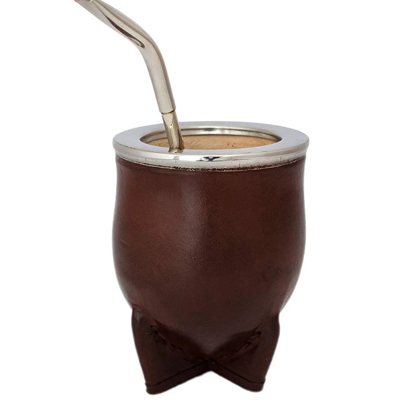8oz Double Walled Yerba Mate Cup with Leather Shell Insulated Gourd Mate Tea Cup with Bombilla Straw Set Coffee Mug