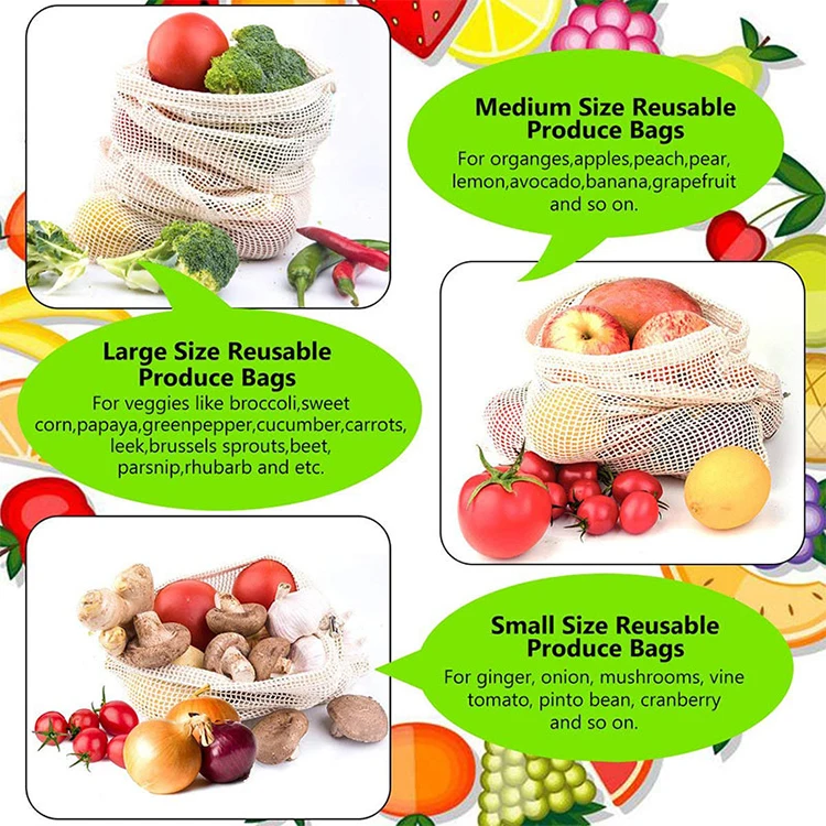 Reusable eco friendly grocery bag shopping net produce organic cotton mesh fruit bag