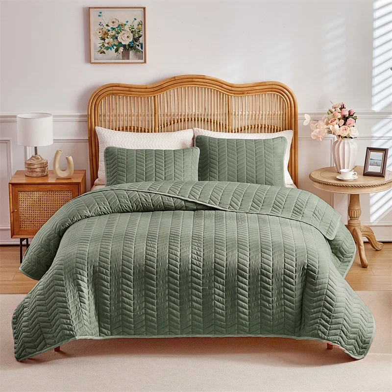 Twin Size Bedspread Set 3pcs Microfiber Bedding With Pillowcase Full Hotel White Wheat Sheaf Solid Patchwork Quilt Set