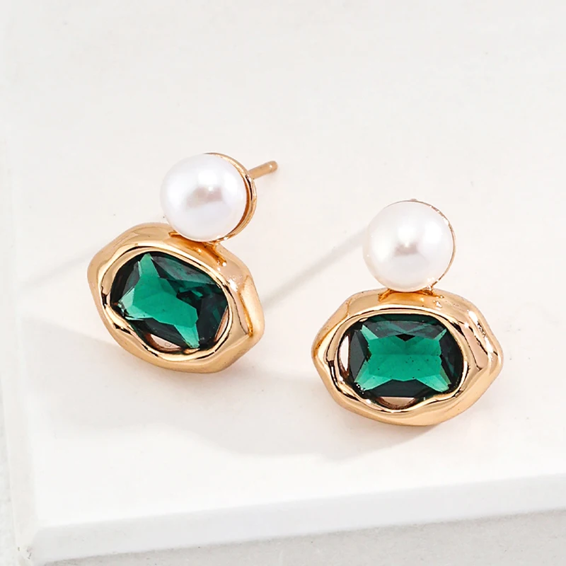 Luxury Vintage Handmade Natural Malachite Green Zircon Stud Earrings for Women Square Shape Jewelry