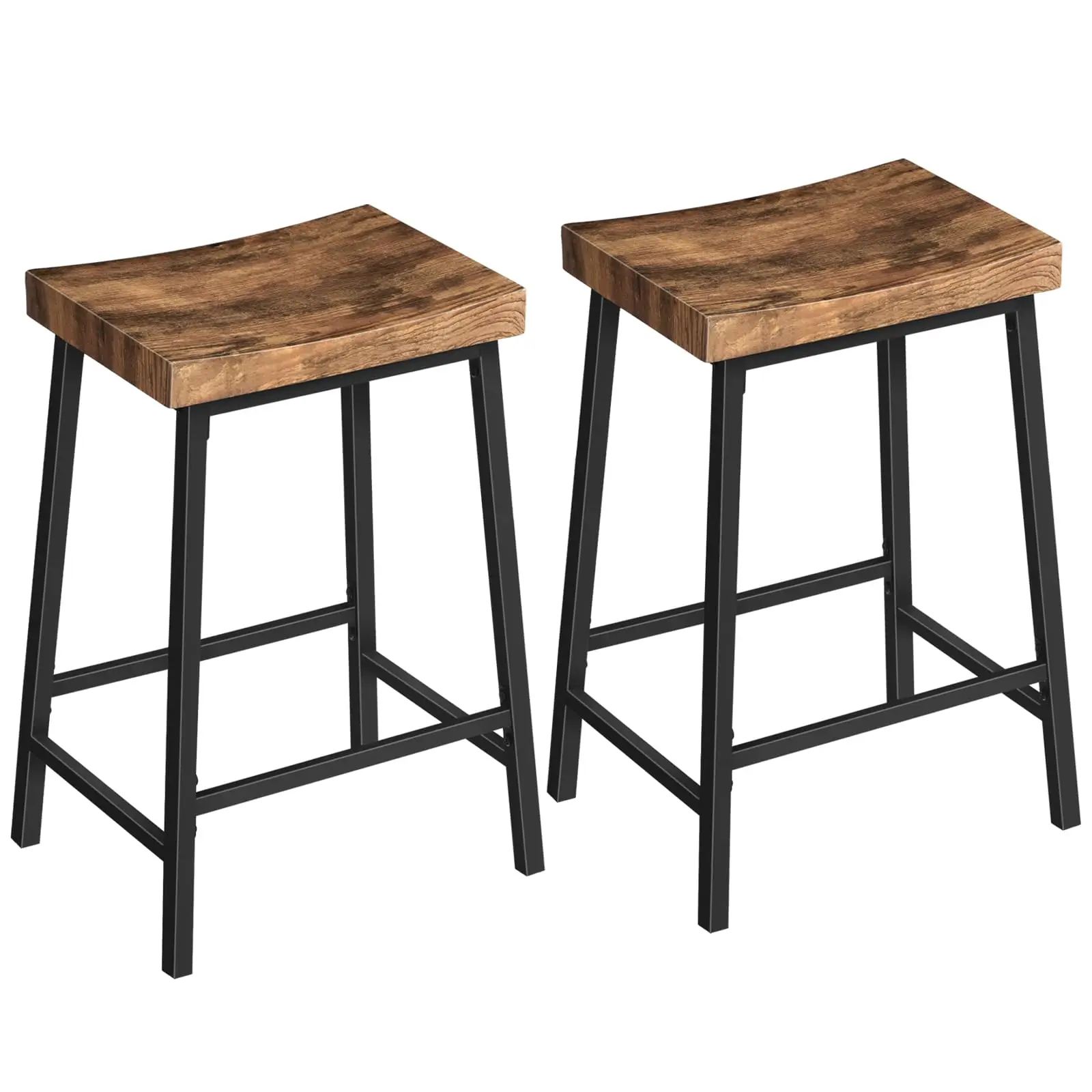 Modern Industrial Style Bar Stools Set 2 Counter Height Saddle Chairs with Footrest Rustic Brown & Black for Kitchen Dining Room