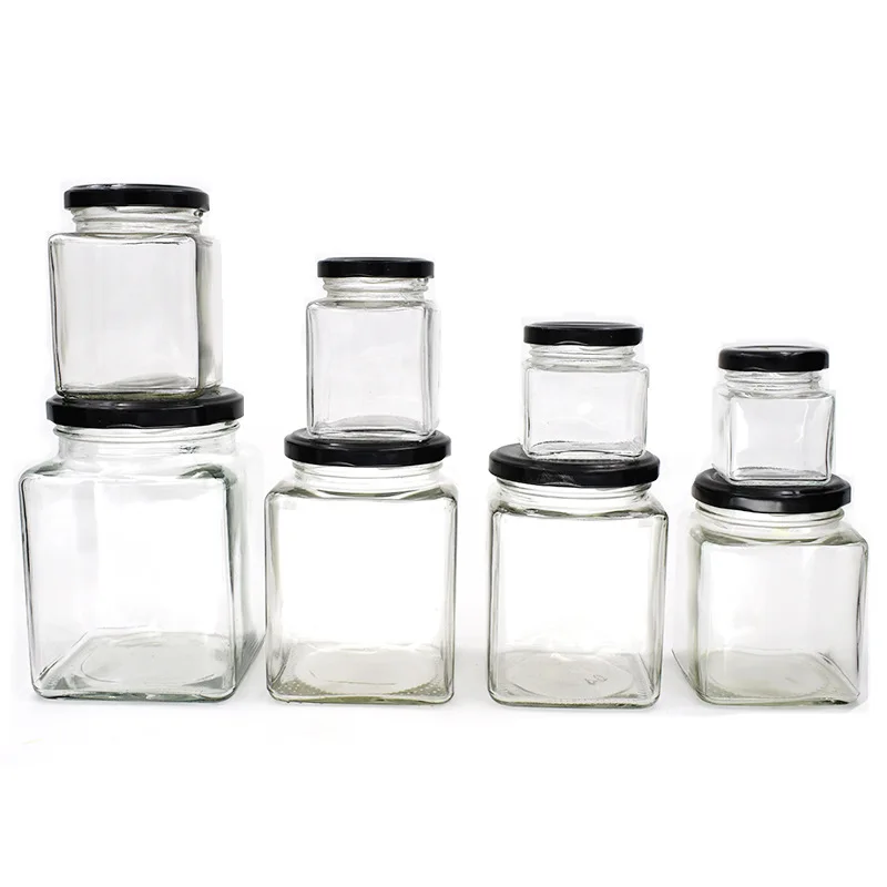 Glass Mason Jar 50ml 80ml 150ml 200ml 280ml 500ml square glass Jars with Black metal Lids For Storage Food Honey