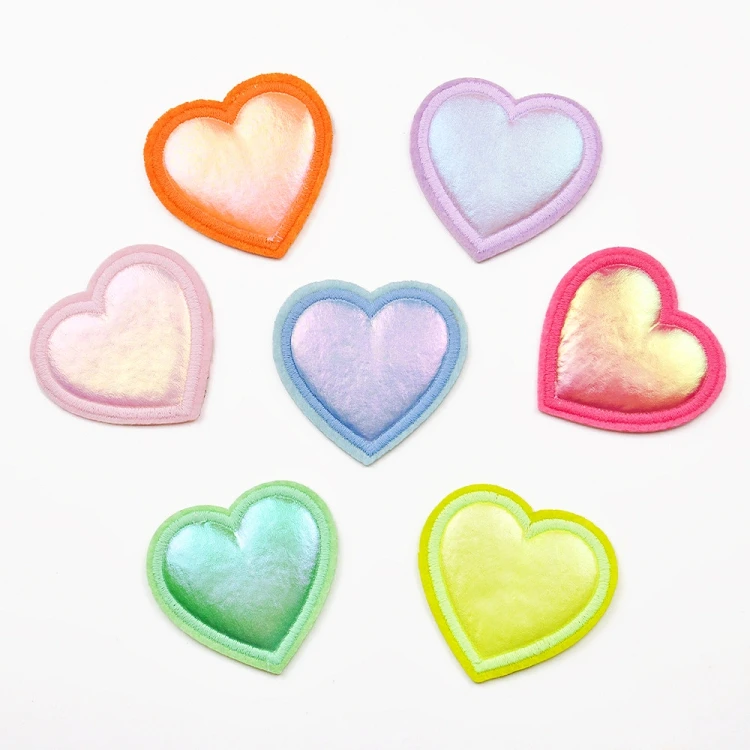 Wholesale 5 cm embroidery amazing iron on patches for hats bags neon color heat transfer fluffy 3D embossed press heart patch