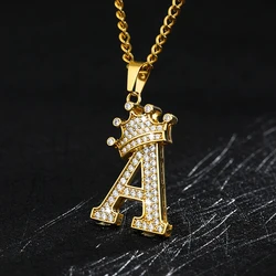 Crown Letter Queen Necklace Diamond Initial Pendant CZ Long Chain Necklace Ice Our Alphabets Charms