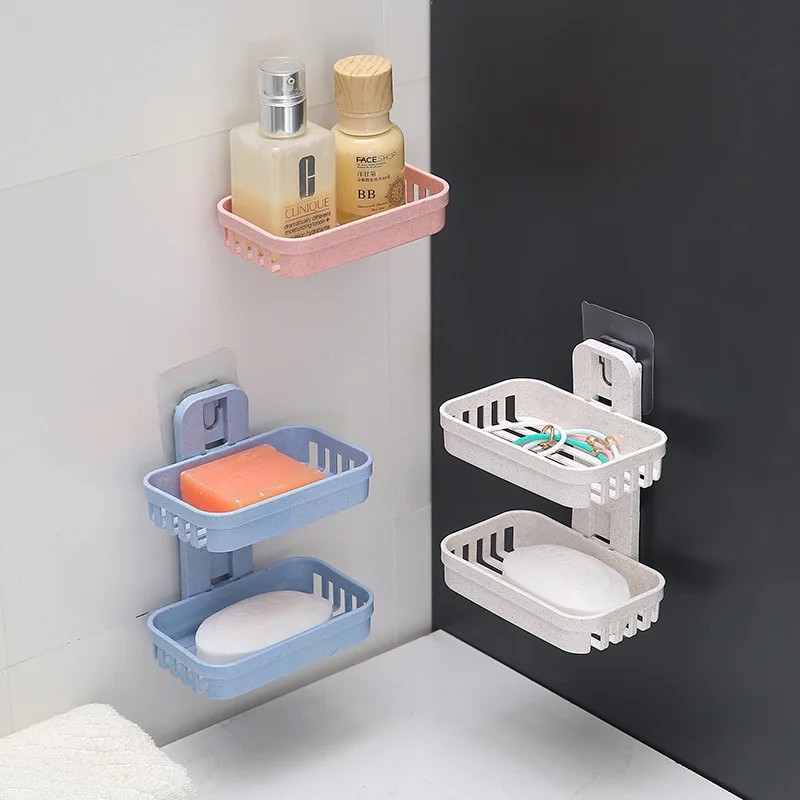 Non perforated bathroom drainage wall mounted soap box storage rack suction cup double-layer soap holder
