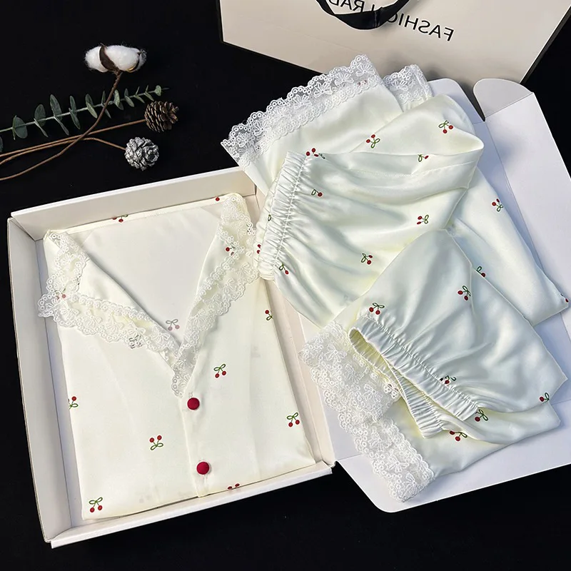 S0128R  Summer thin ice silk three-piece suit Internet celebrity cherry high-grade ladies home clothes