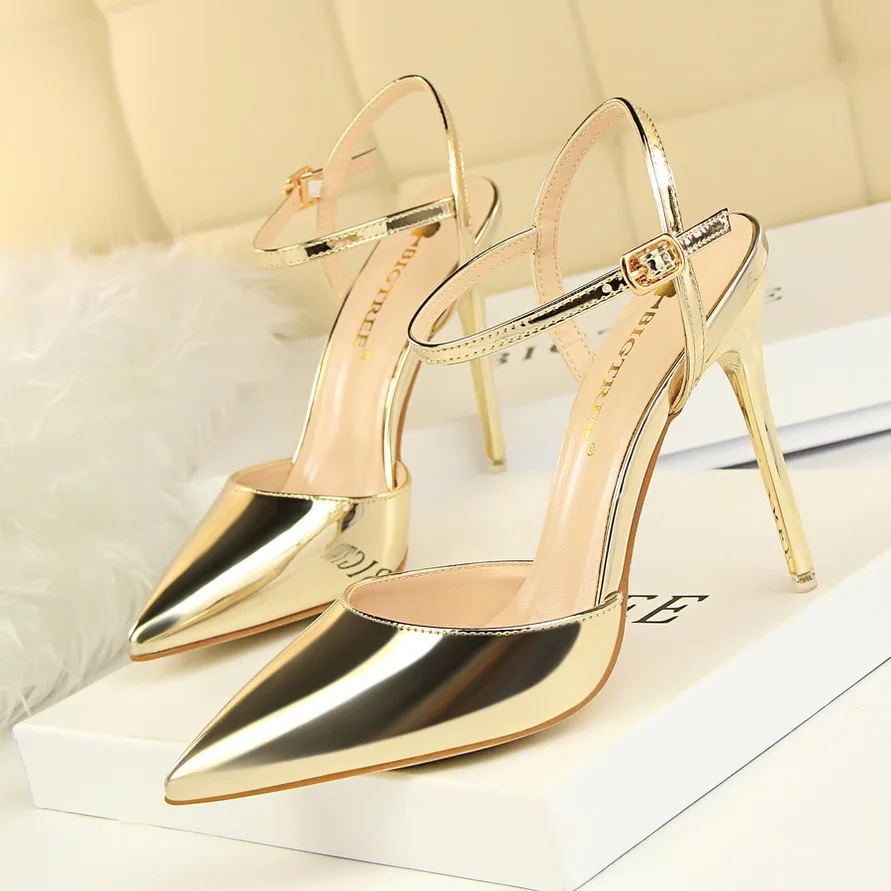 Sliver European and American Style Simple Stiletto High Heel Shallow Cut Leather For Sexy Nightclub Slim Female Heels For Ladies