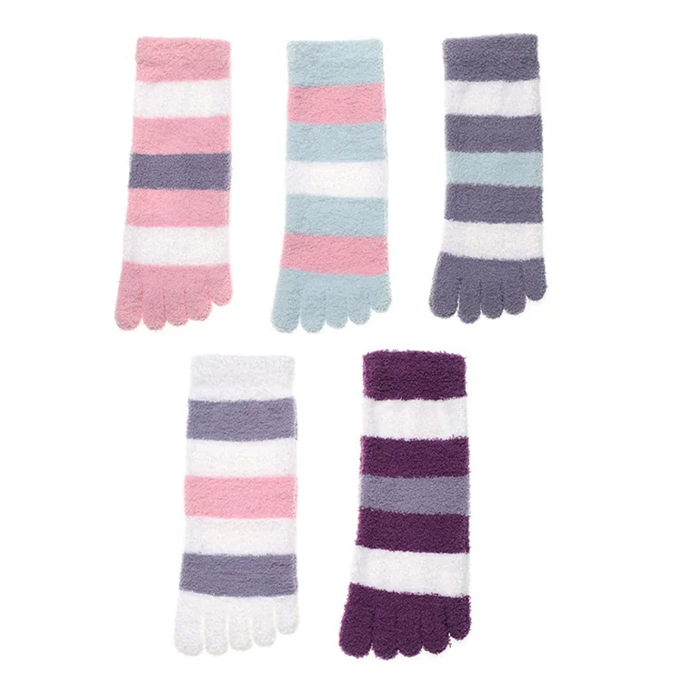Compression Anti Slip Ladies Coral Fleece Five-Finger Socks Winter Thick Cozy Striped Five Toes Socks