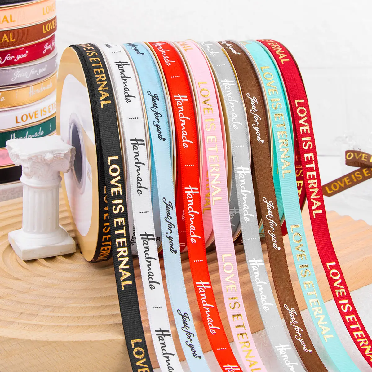 Custom Gold Foil 3d Embossed Printed Gift Polyester Satin Ribbon With Logo Gift Packaging Ribbon Embossed Logo Ribbon