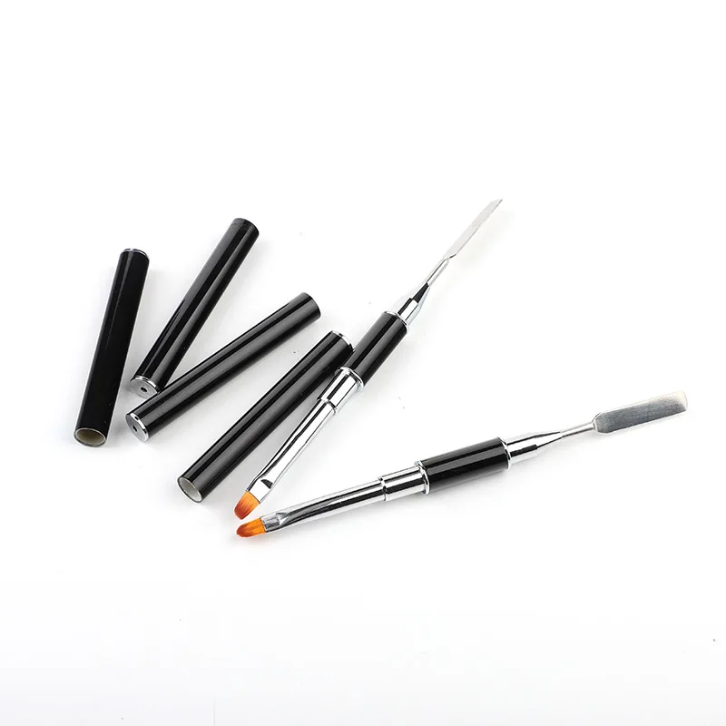 Black Metal Handle Nail Pen Double Heads Nylon Hair Gel Painting Nail Art Brush with Nail Spatula Pusher