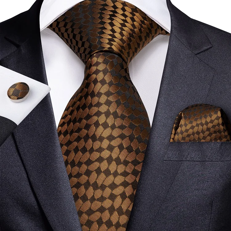 Wholesale Business Brown Gold Ties Men Custom Mens Silk Neckties Handkerchief Cufflinks Set
