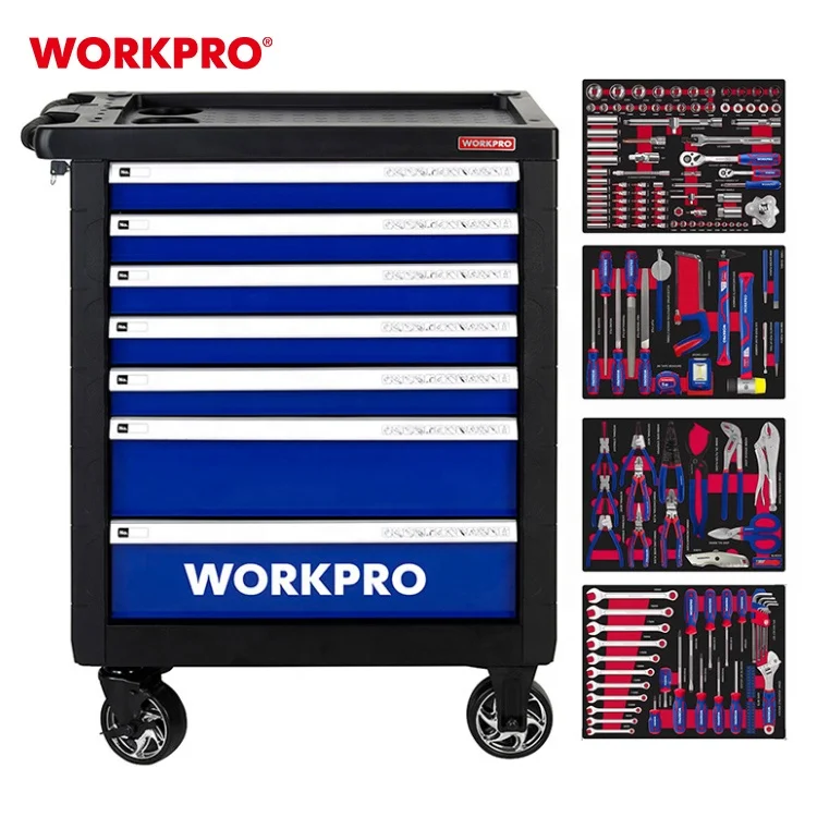WORKPRO 195PC EVA Tray Mechanic Maintenance Trolley  Chest Workshop Tools Rolling Cart Cabinet Tool Set
