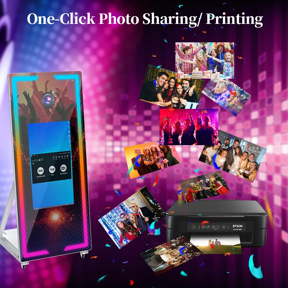 Led metal frame selfie 45/65inch flash light magic mirror photo booth touch screen machine with camera and printer for event