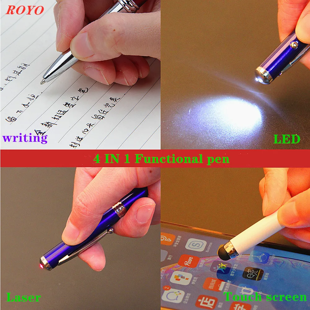High quality 4 in 1 Pen Multifunctional  Logo with  iron case Light Up Pen Soft Touch Screen Stylus Led Laser Ballpoint Pen