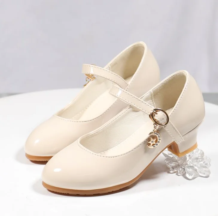 2024 Spring and autumn high heel Children princess leather shoes PU 3CM heel casual black red girls fashion Wedding Party shoes