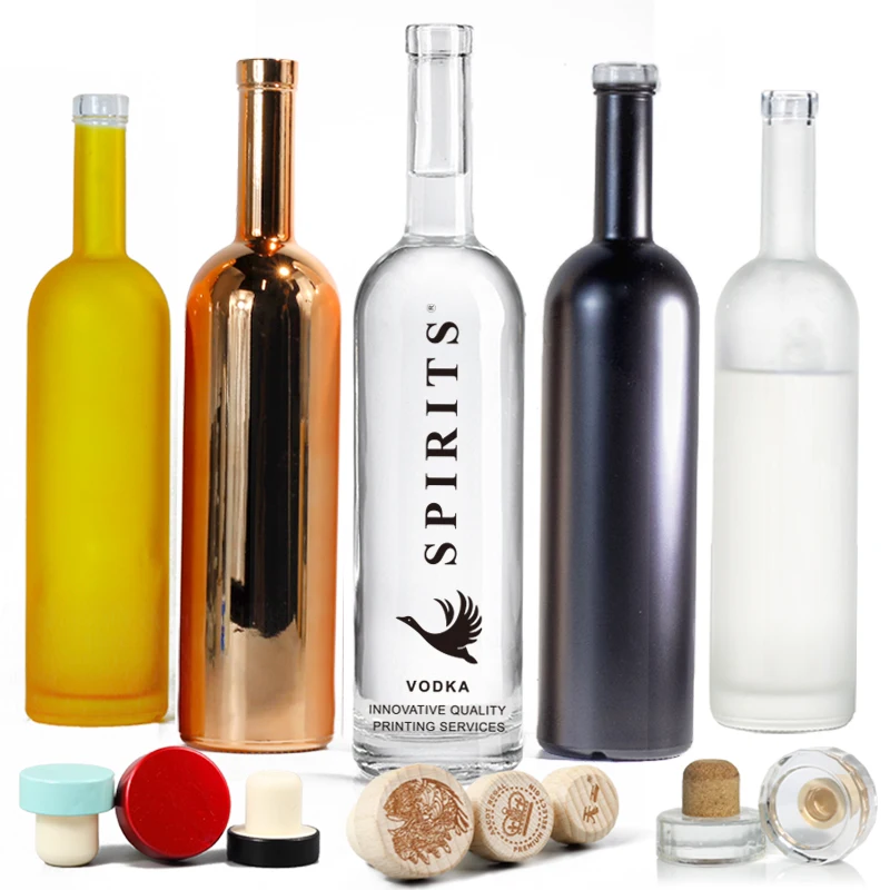 Factory Made Refillable Classic 700ml 750ml Vodka Glass Bottle Can Coated Color Frosted Electroplated Screen Printed With Cork