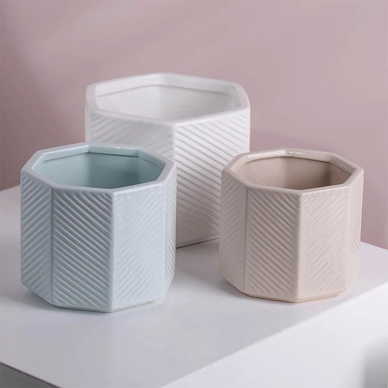 YUANWANG Nordic Style Stripe Printing Plant Flower Pots & Planters Garden Decor Ceramic Pots Bonsai Pot