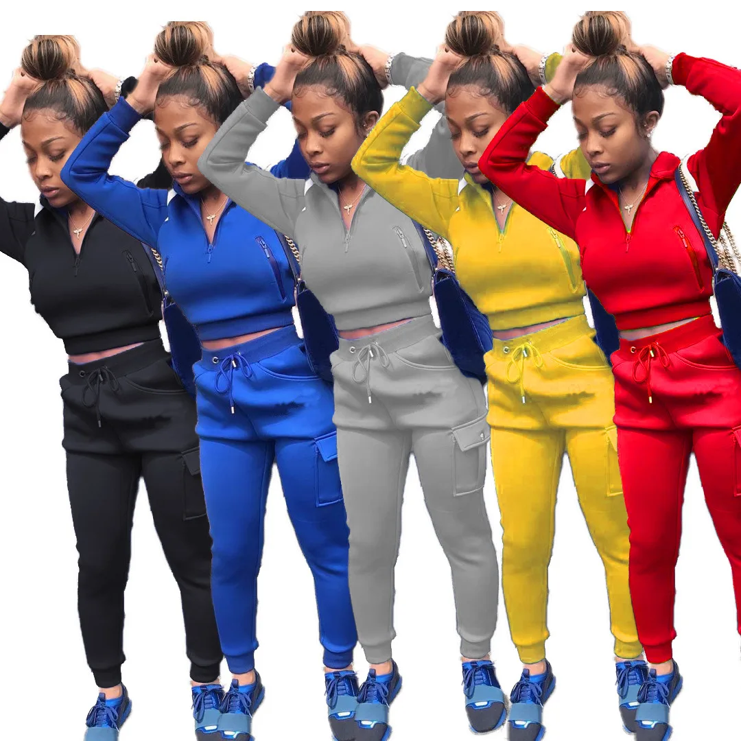 2021 Drop Shipping Women 2 Piece Clothing Zip Pullover Jogging Sport Fitness Pants Tracksuit Sweatshirts Hoodie Set Custom Logo