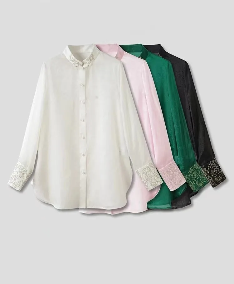 2024 Spring/Summer New Chinese Style Mandarin Button Embroidered Silk Organza Blouse for Women, National Style  Silk Top