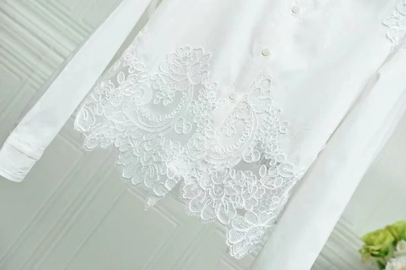 2024 Spring Fashion White Blouses High Quality Women Turn-down Collar Lace Embroidery Long Sleeve Elegant Work Shirts Blouse