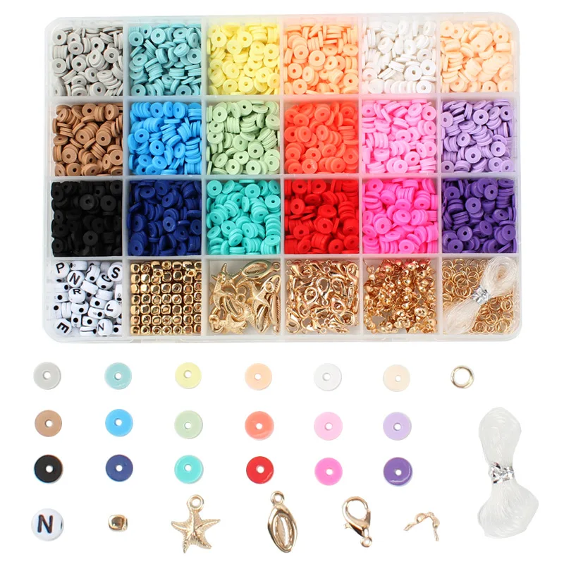 4000Pcs Clay Beads 6mm 18 Color Flat Round Polymer Clay Spacer Beads with Pendant Charms Kit Roll Elastic String for DIY making