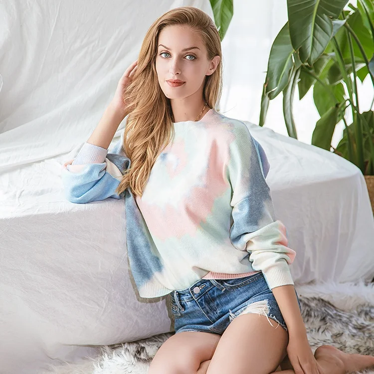 
Hot Selling Knitted Sweater Long Sleeve Smudge Tie Dye Sweater Women Pullover Computer Knitted Custom OEM ODM Casual Breathable 