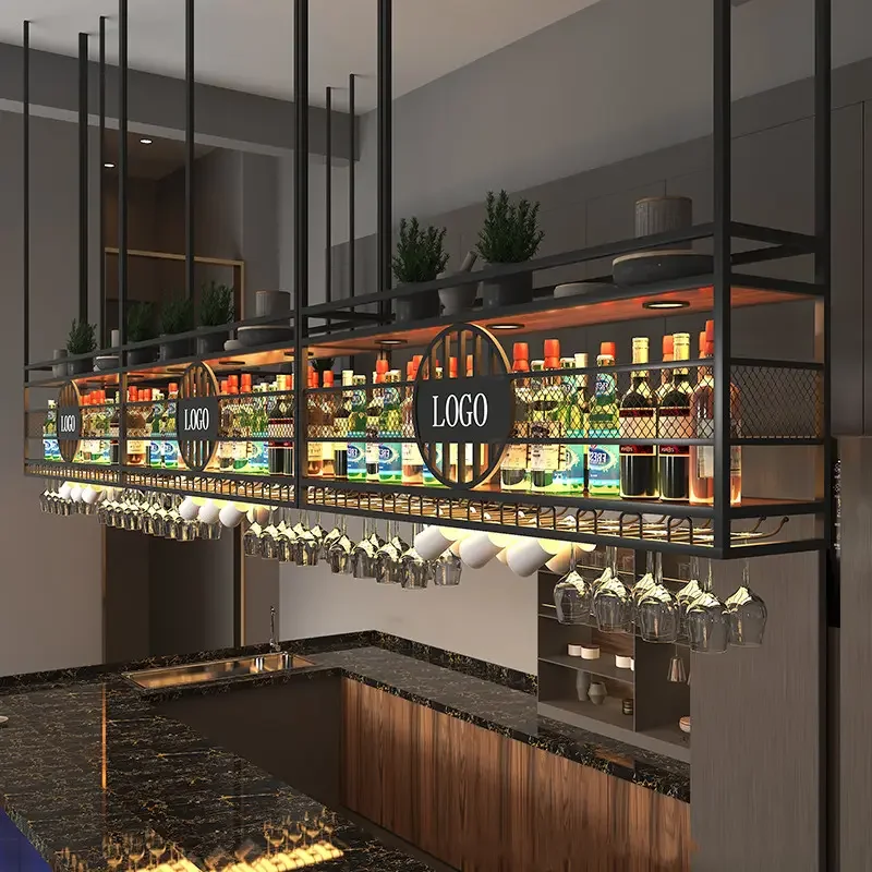 Customized Bar Counter Top Wine Glass Storage Racks Restaurant Ceiling Hanging Storage Racks Bar Furniture Metal Wine Rack