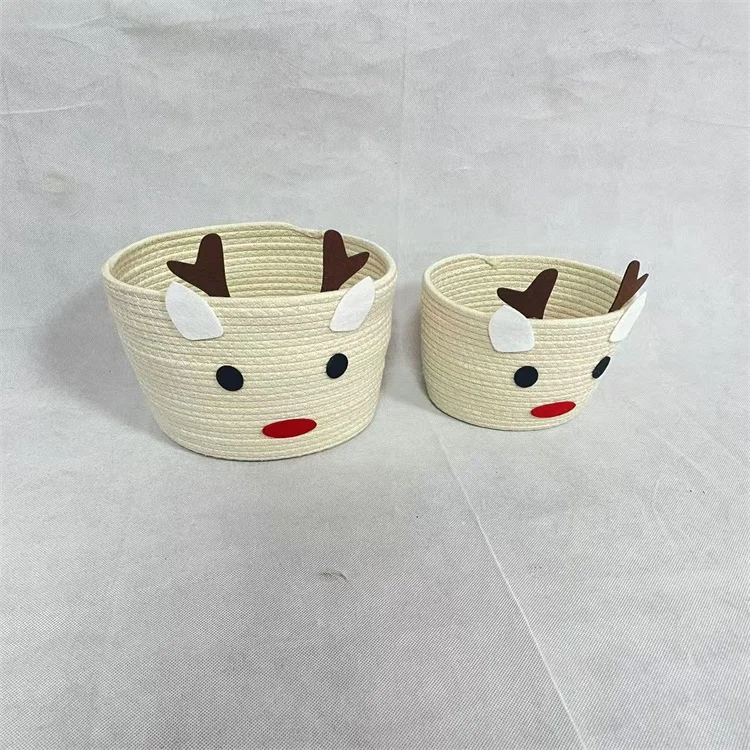 Home decoration hand-woven small desk cosmetic Christmas gift cartoon cotton rope weaving storage basket