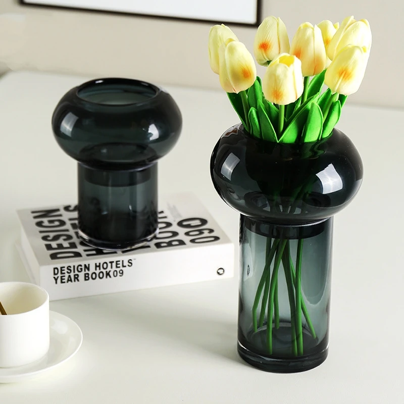 Wholesale Glass Bud Vases Bulk Flower Arrangement Vase Black Glass Mushroom Flower Vase With Artificial Flowers