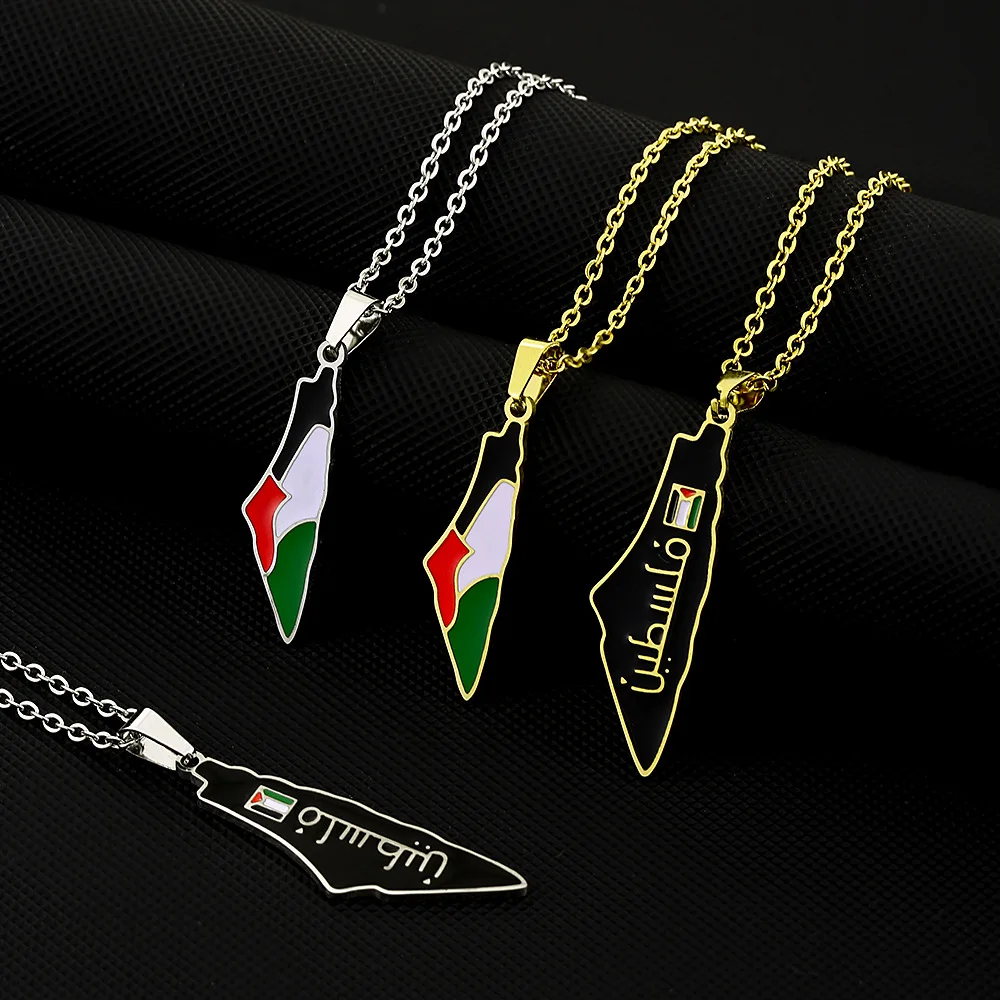Qifei Manufacturer Stainless Steel Enamel Palestine Map Chain Necklaces Palestine Flag Map Pendant Necklace