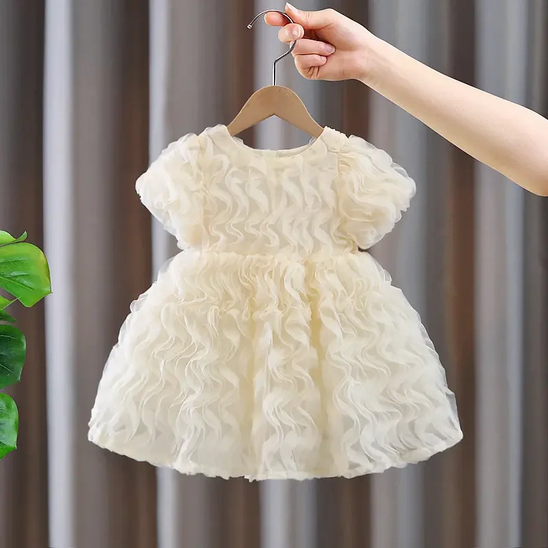 High Quality Wholesale Summer Princess Soft Cotton Casual Dresses Girls Newborn Baby Kids 2-8y Puff Sleeve Mesh Design