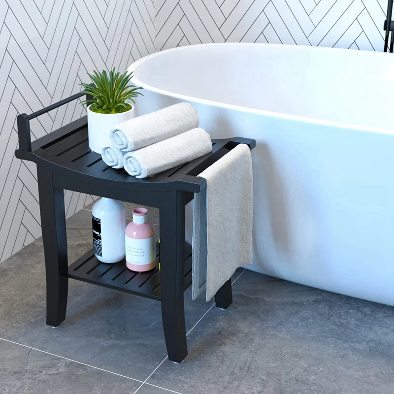 Bamboo Shower Bench with Storage Shelf, 2-Tier Spa Seat Bath Stool for Bathroom