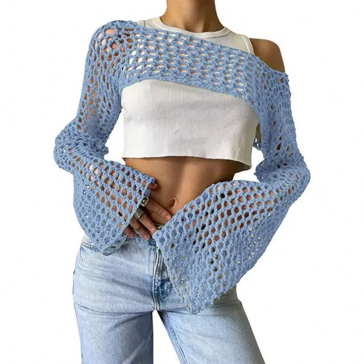 12 Colors Sexy Summer Hollowed Out Sweater Solid Color Crewneck Long Sleeve Knitted Crop Top