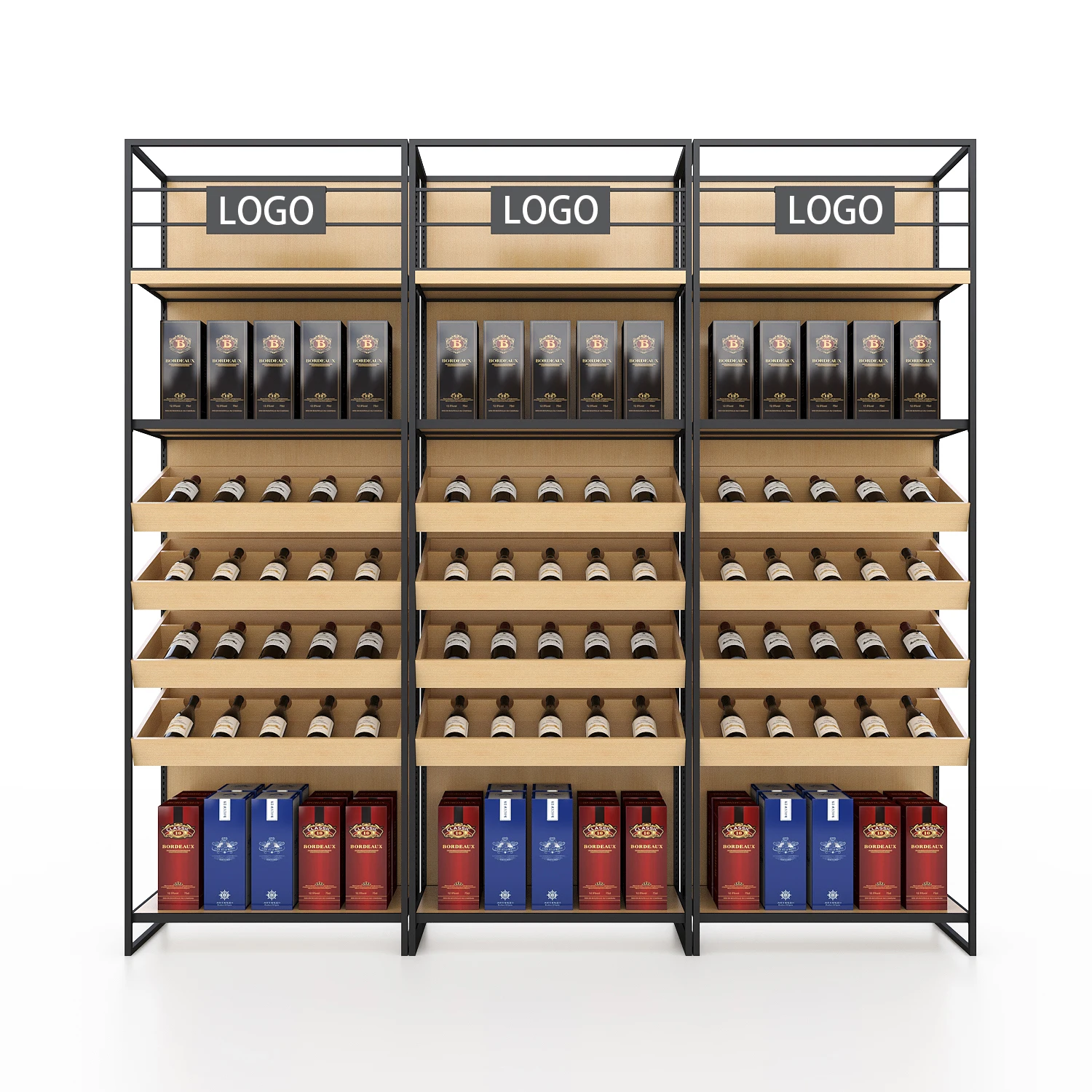 Assurance factory american wooden wine wall gondola supermarket shelves store and display metal stand for retail