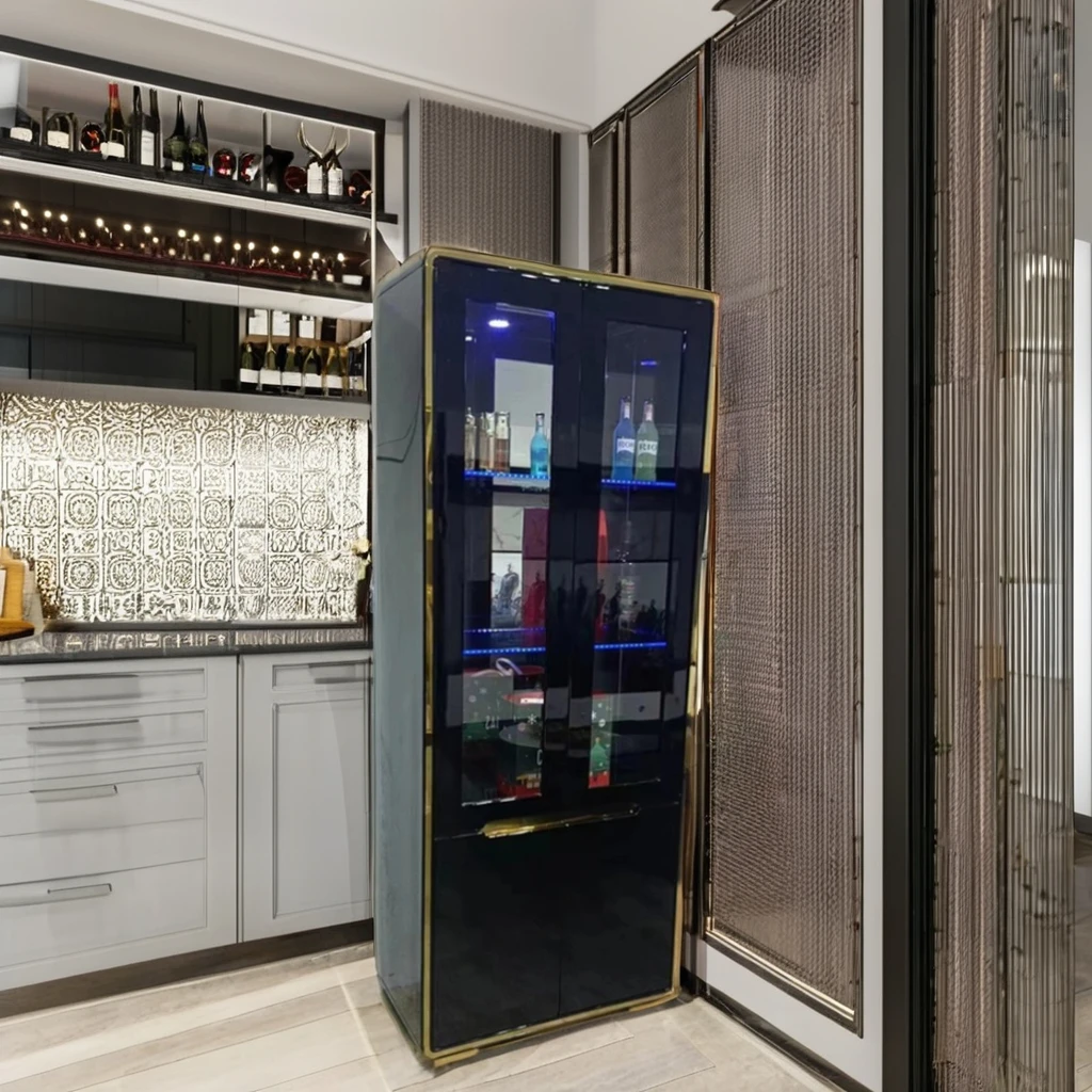 Elegant Modern Wine Cabinet Locker 1703 Lighting Piano Paint High Quality High Density Board Glass Wine Rack Black Display