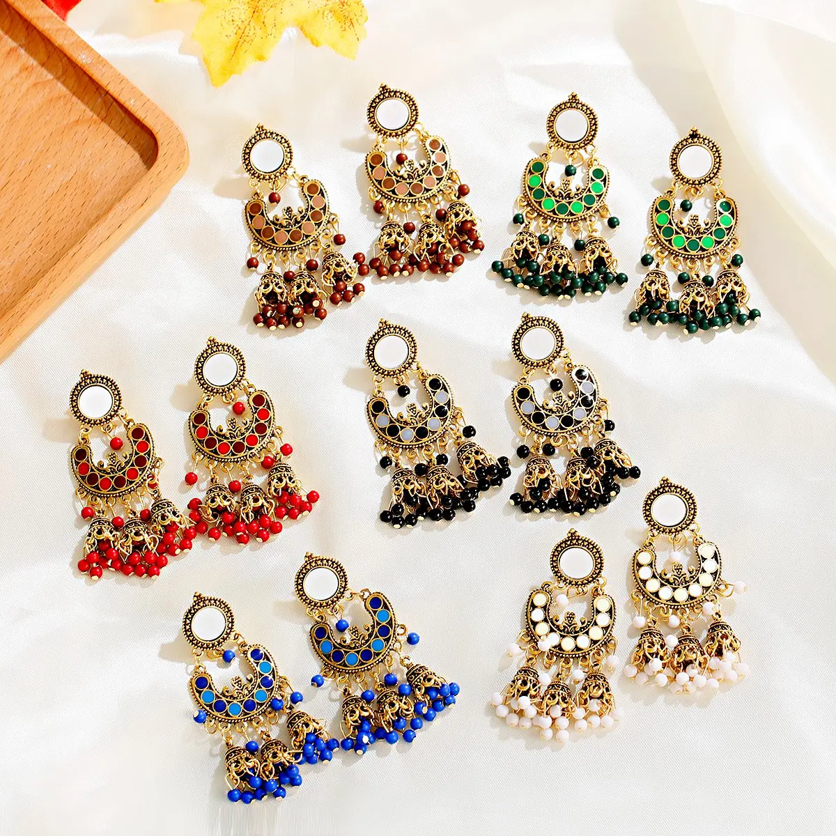 Douvei Indian Oxidized Gold Plated Beads Sublimation Reflective Stud Earrings Chandelier Gold Polki Jhumki Jhumka Earrings