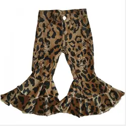 New Arrival Double Flares Bell Bottom Leopard Pants Jeans Adjustable Belt with Button Children Jeans Denim Pants NO MOQ