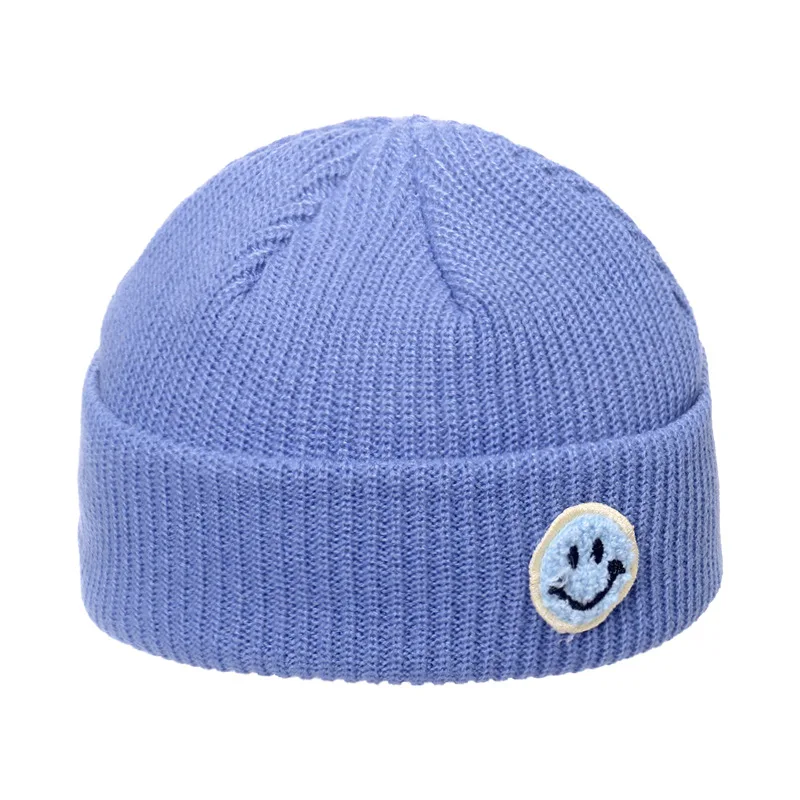 Warm Smiley Face Patch Landlord Hat Candy Color Thick Winter Women Custom Knitted Hats