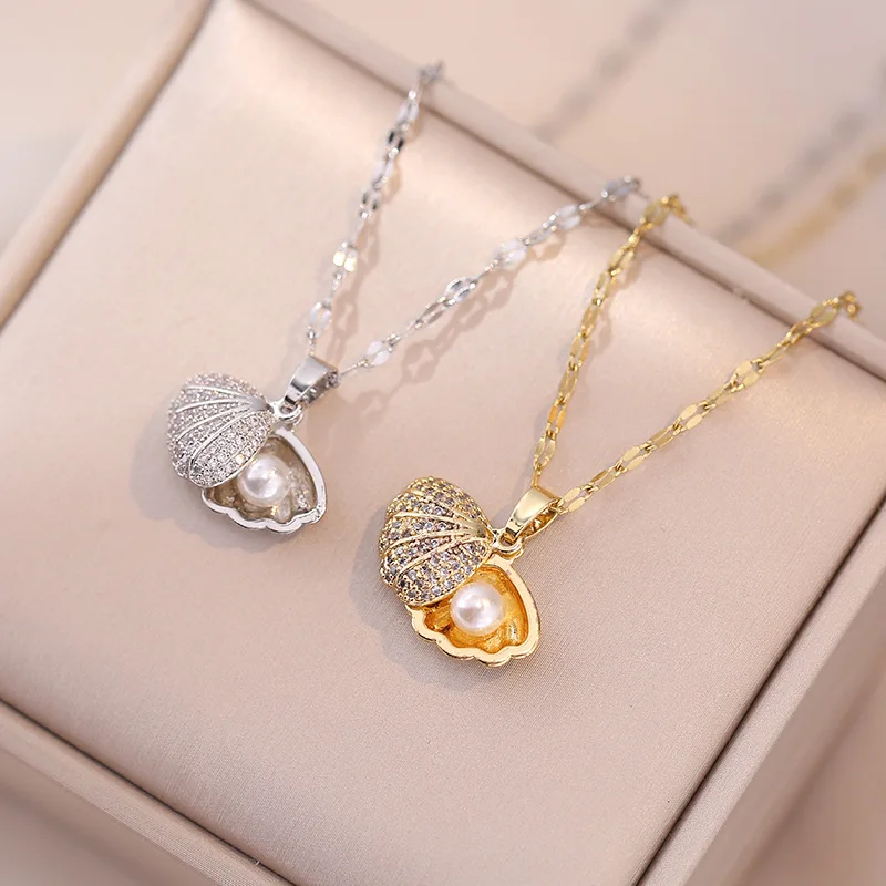 G2308 Wholesale collier Gold Plated Stainless Steel Chain Inlay Zircon Shell Pearl Pendant Fashion Jewelry Necklaces