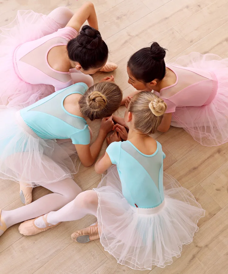 Балетное трико для девочек, с коротким рукавом, с сеткой спереди и сзади, комбинезон с V-образным вырезом